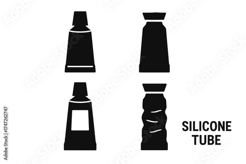 Vector silhouette set of four silicone tubes with varied designs and text