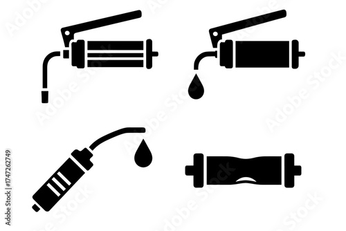 Silhouette icons of grease gun tools with dripping oil