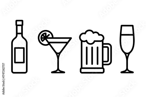 Minimalist line art icons of alcoholic drinks: wine, cocktail, beer, champagne