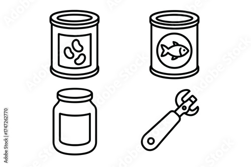 Outline icons of canned goods jar and can opener
