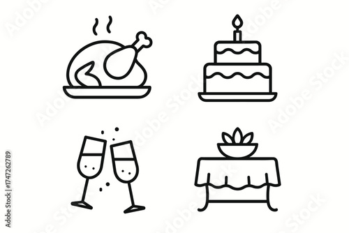 Celebration icons: roast chicken, cake, champagne glasses, decorated table