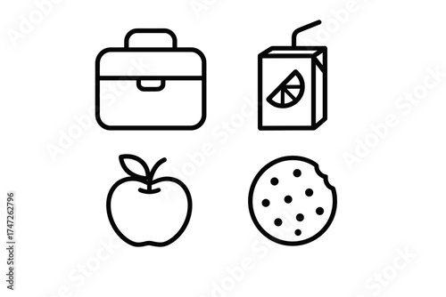 Lunchbox and snacks: juice box, apple, cookie icon set in minimalist design