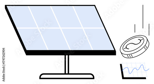 Solar panel producing clean energy, dropping coin signifying cost reduction or investment, and data chart showing energy metrics. Ideal for renewable energy, sustainability, investment, green