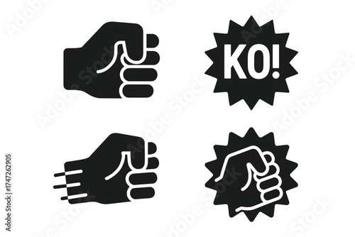 Set of four black punch icons featuring fist actions and ko sign