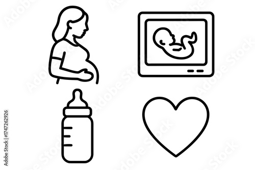 Pregnancy and baby care icons: female silhouette, ultrasound, bottle, heart