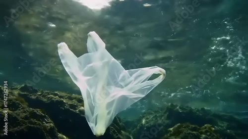 A discarded white plastic bag drifts through the water, a symbol of ocean pollution and environmental damage.