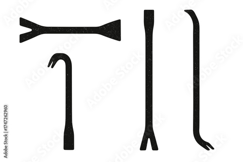 Set of four black steel crowbars in various shapes and sizes