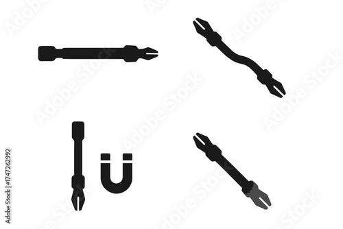 Black screwdriver bits and magnet silhouettes on white background