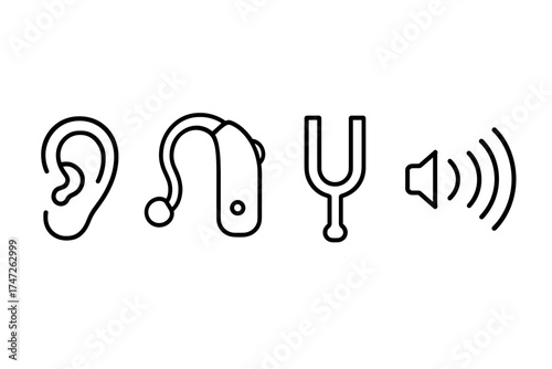 Ear, hearing aid, tuning fork, and sound waves icons in line art style