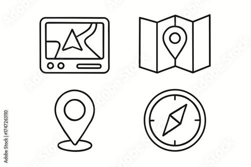 Navigation icons set: gps, map, pin, compass symbols