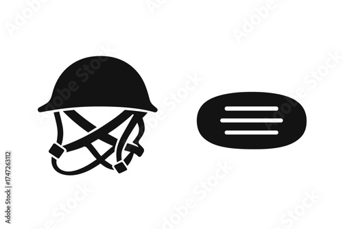 Silhouette of military helmet with straps and speech bubble icon
