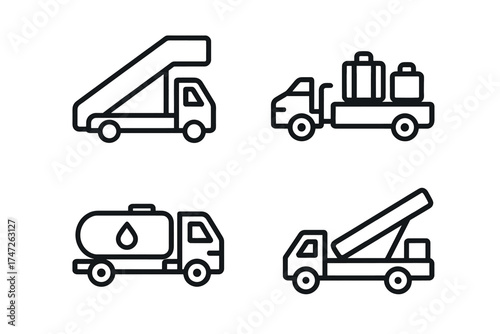 Airport vehicles icons: stairs, luggage truck, fuel tanker, conveyor belt