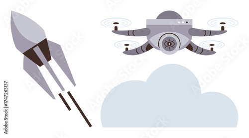 quadcopter flying with camera and rocket launching above cloud. Ideal for technology, innovation, robotics, aerospace, exploration, aviation, and futuristic themes. Minimalist flat metaphor