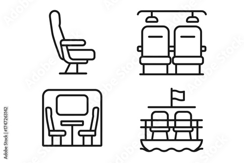 Minimalist line icons of transportation: airplane, train, dining, boat seats