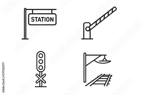 Railway icons: station sign, barrier, signal, tracks