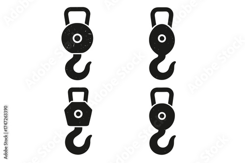Set of four black industrial hook illustrations in various designs