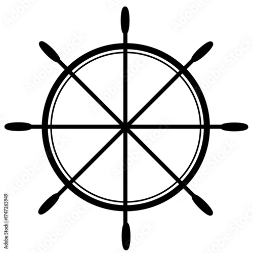 Ship wheel icon in black silhouette style, nautical steering wheel symbol with eight spokes on white background