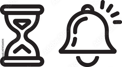 Hourglass and notification bell icons on white background time sand