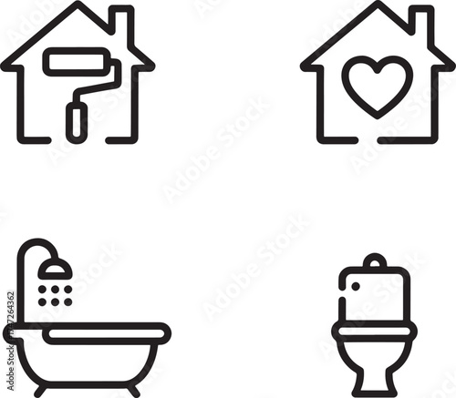 House icons with paint roller, heart, bathtub, and toilet home building