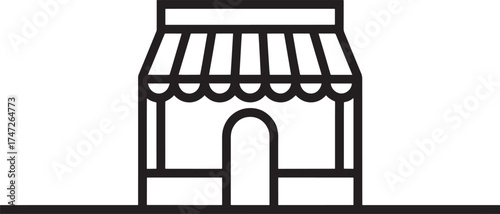 Line art icon of a storefront with an arched doorway and striped awning shop building