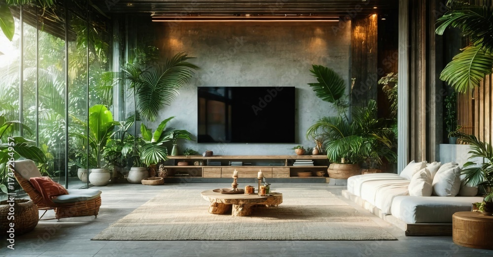 Fototapeta premium Flat frameless black screen tv off tropical suite interior with bright decor