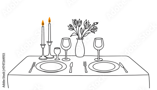 Set table for a romantic candlelight dinner with flowers and wine on a white background