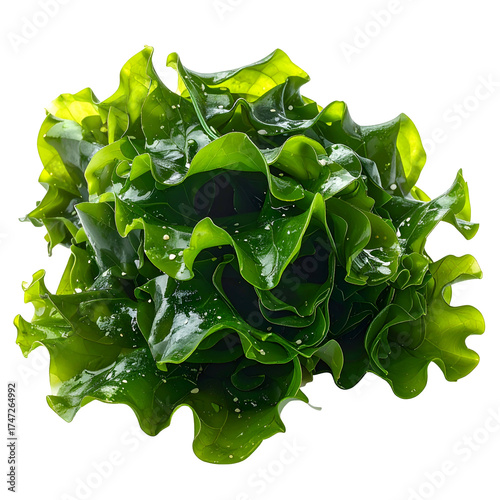 Close-up of vibrant, curly green seaweed with water droplets, isolated on black