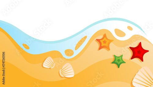 Cartoon beach scene with sea stars shells