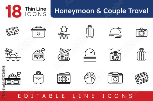 Set of  icons depicting honeymoon and couple travel themes like beaches, cameras, and luggage items
