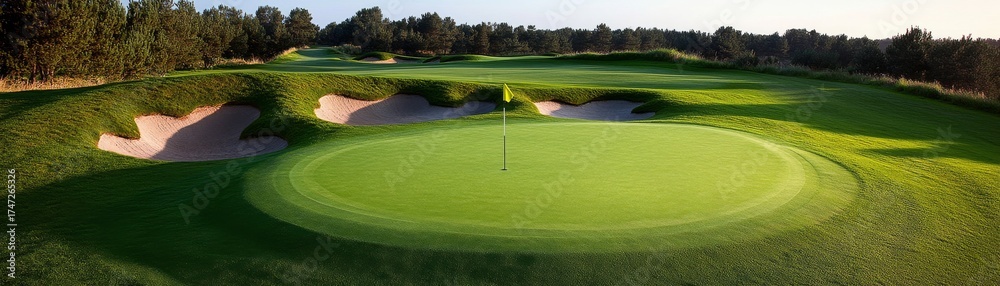 Obraz premium Lush Green Golf Course with Sand Bunkers and Flag,Scenery ,Golfing