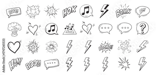 Collection of hand drawn sketchy doodle icons featuring hearts music notes lightning bolts and speech bubbles