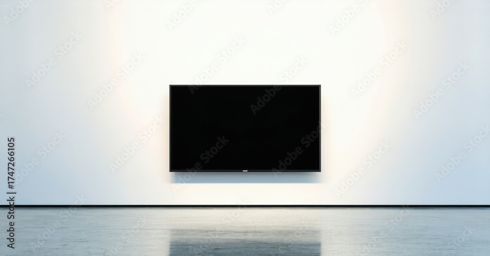 Fototapeta premium Minimalist interior features blank television mounted on white wall. Clean floor reflects light, creating simple aesthetic.