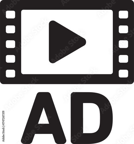 Play button inside film strip with AD text below on white background video