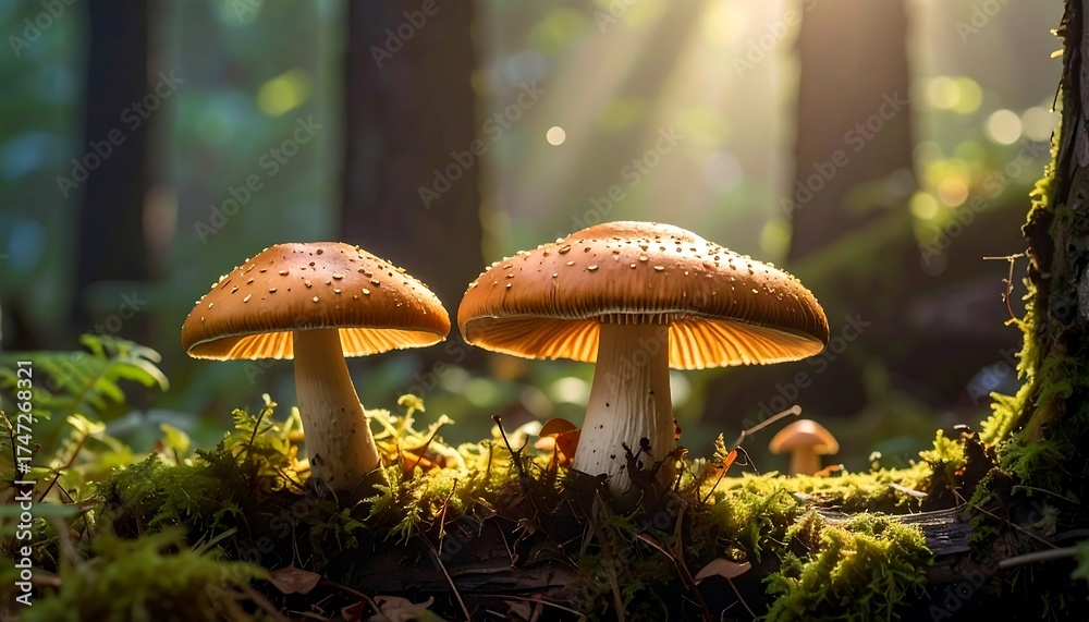 Fototapeta premium Two mushrooms in a sunlit forest