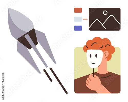 Rocket taking off with trail, person holding a mask, color palette, and graphics representing creativity, innovation, personal identity, digital transformation, business growth, and self-expression