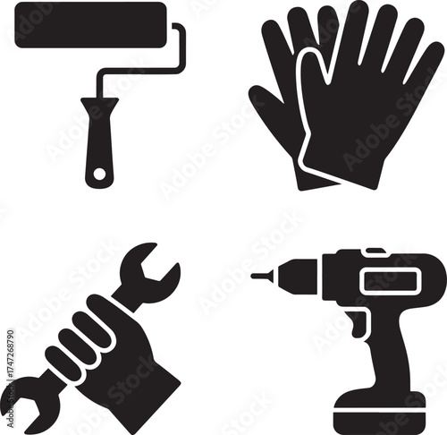 Set Of Four Black Icons For Tools And Safety Equipment wrench spanner