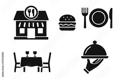 Restaurant icon set. Food and dining glyphs collection. Vector symbols for cafe, fast food, dinner service. Includes building, hamburger, plate, cutlery, table, serving cloche.