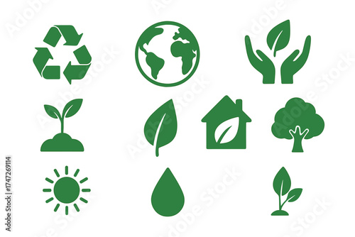 Ecology and environment icon set. Green concept for sustainability and nature. Includes recycle symbol, earth globe, plant sprout, leaf, and eco house. Vector illustration.