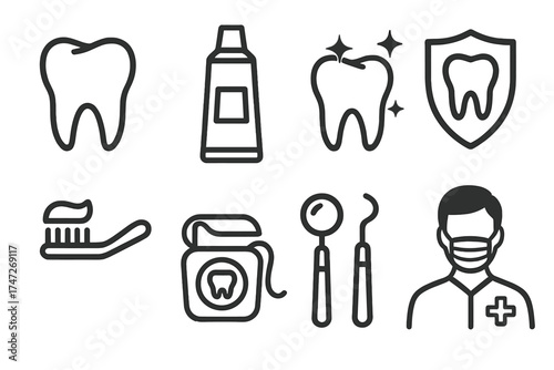 Dental care icon set vector. Dentistry and oral hygiene symbols. Tooth, toothpaste, toothbrush, floss, dentist tools. Teeth cleaning, protection and health. Stomatology line icons.