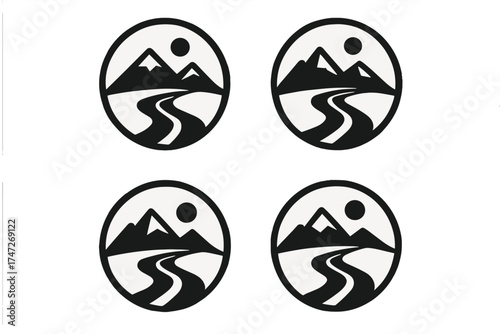 Mountain road logo set. Winding path through a mountain range landscape. Minimalist round vector icon for travel, adventure, and journey concepts. Sun, peaks, and highway symbol.