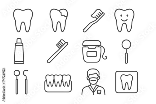 Dental care line icon set. Dentistry and stomatology vector icons. Tooth, toothbrush, toothpaste, floss, caries. Dentist, doctor, tools, xray. Oral hygiene and health concept.