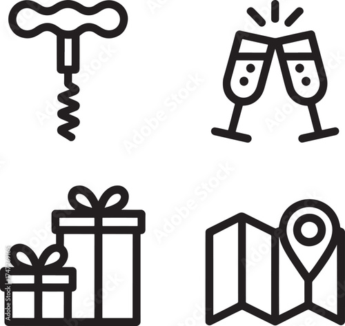 Set of four icons: corkscrew, champagne glasses, gift boxes, and map pin wine opener bottle opener