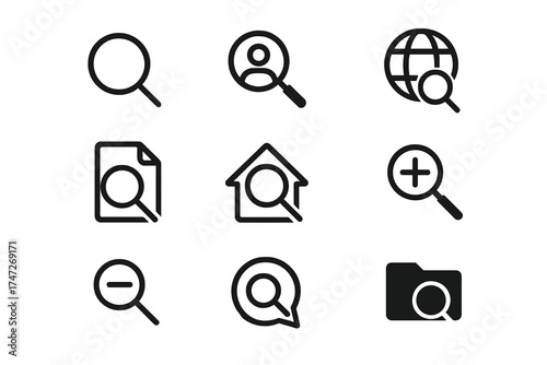 Search icons set. Magnifying glass vector line icons for web, user, file, folder, and zoom. UI UX interface design elements. Find data analysis symbol collection.