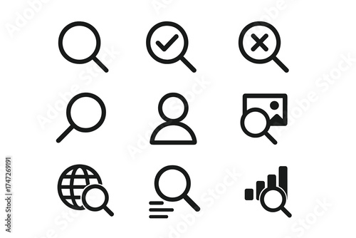 Search icon set. Linear vector icons for web and mobile UI. Magnifying glass for user lookup, image search, web browsing, data analysis. Find, success, and cancel symbols.
