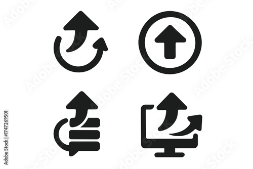 Upgrade icon set for new version and software updates. Vector symbols for system improvement, app installation, data upload, and development progress. Arrow up signs collection.