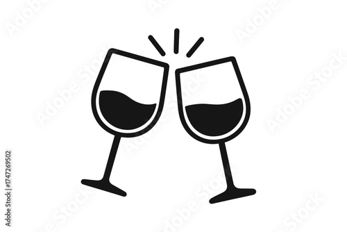 Two wine glasses clinking icon. Cheers, toast, celebration concept. Vector illustration for party, event, or holiday. Alcohol, festive drink, winery, elegant glassware design.