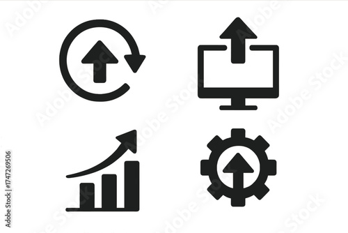 Upgrade and update vector icon set. New version, software installation and system progress. Data upload from computer, business growth chart metaphor. Improvement process gear.
