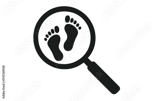 Investigation icon with magnifying glass over footprints. Search, discovery, tracking and evidence concept. Detective symbol finding clues. Following a path or trail metaphor.