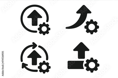 Upgrade new version icon vector set. System software update and improvement. Process development. Arrow up with gear cog. Technology growth install. Upload progress concept.