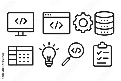 Programming line icon set. Concept software development. Coding, database, settings, idea, search code, testing, task list. Web app design elements. Vector developer signs.